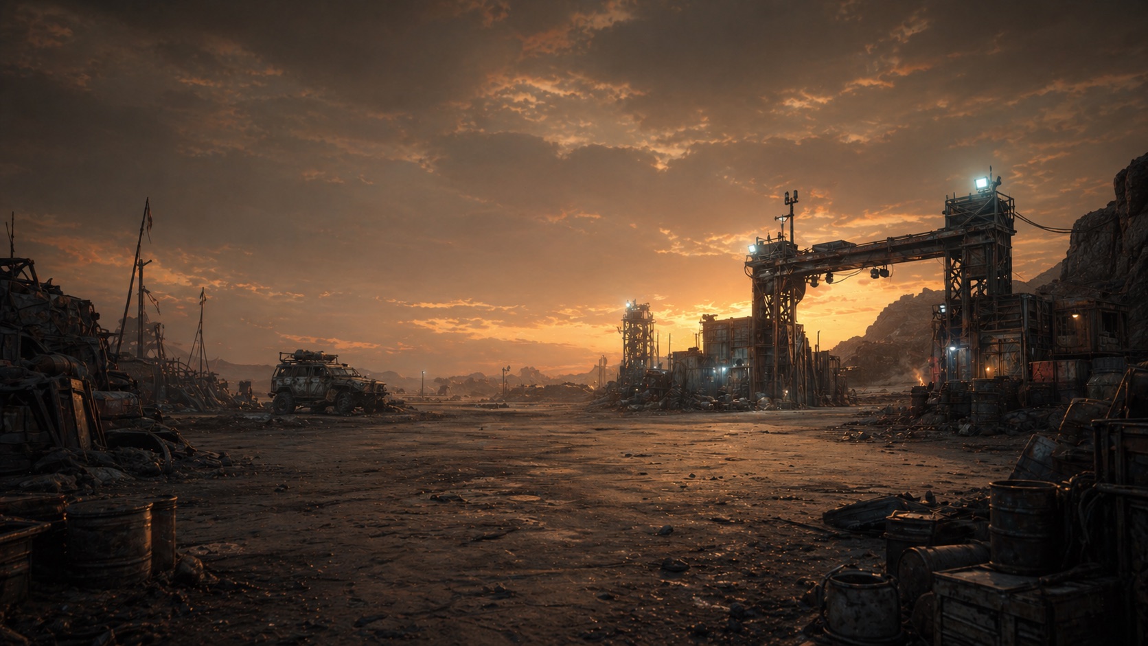 A scrapyard road leading toward a fortified gate at sunset