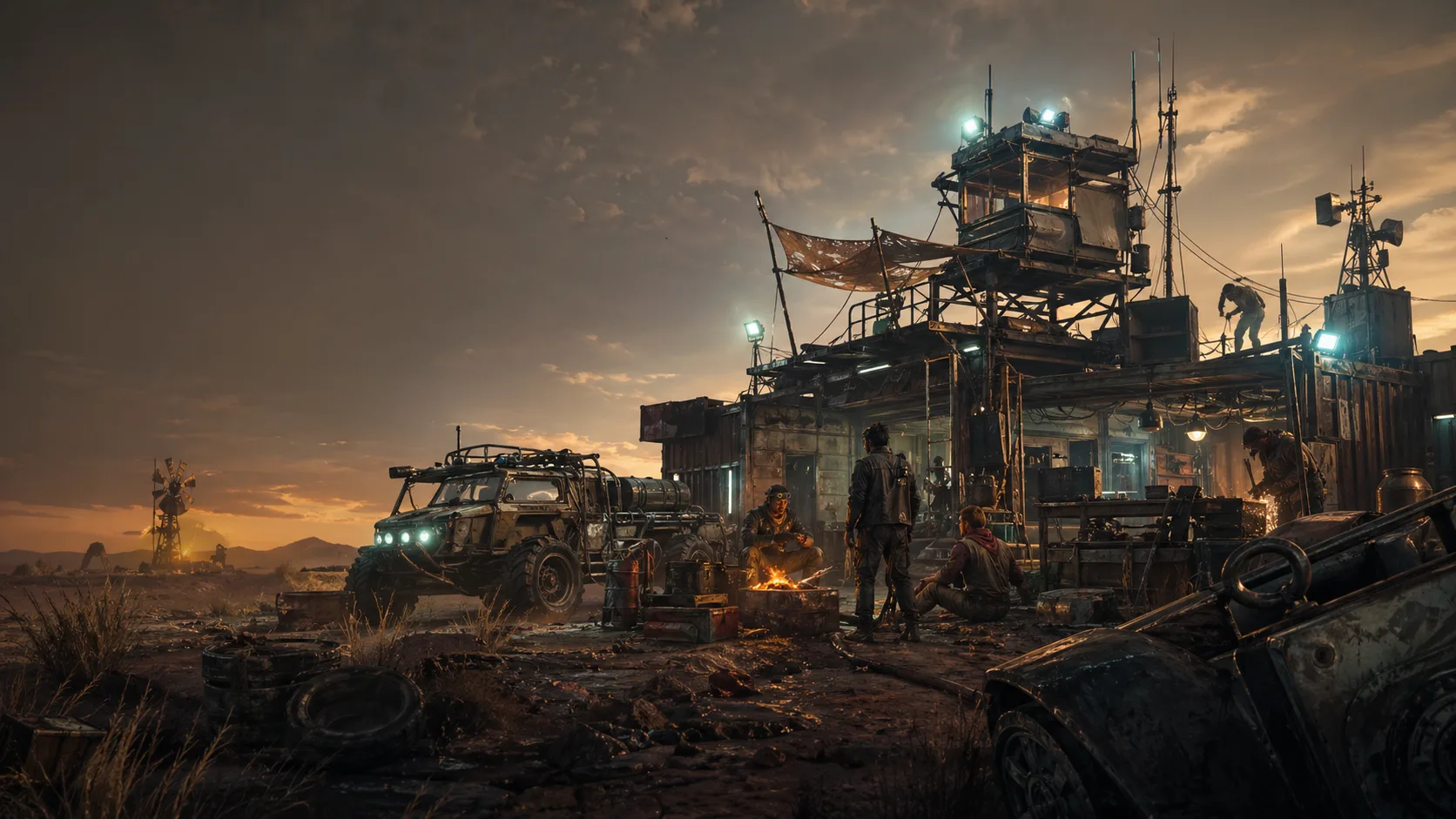 A fortified wasteland outpost with riders, a campfire, and a rig at dusk